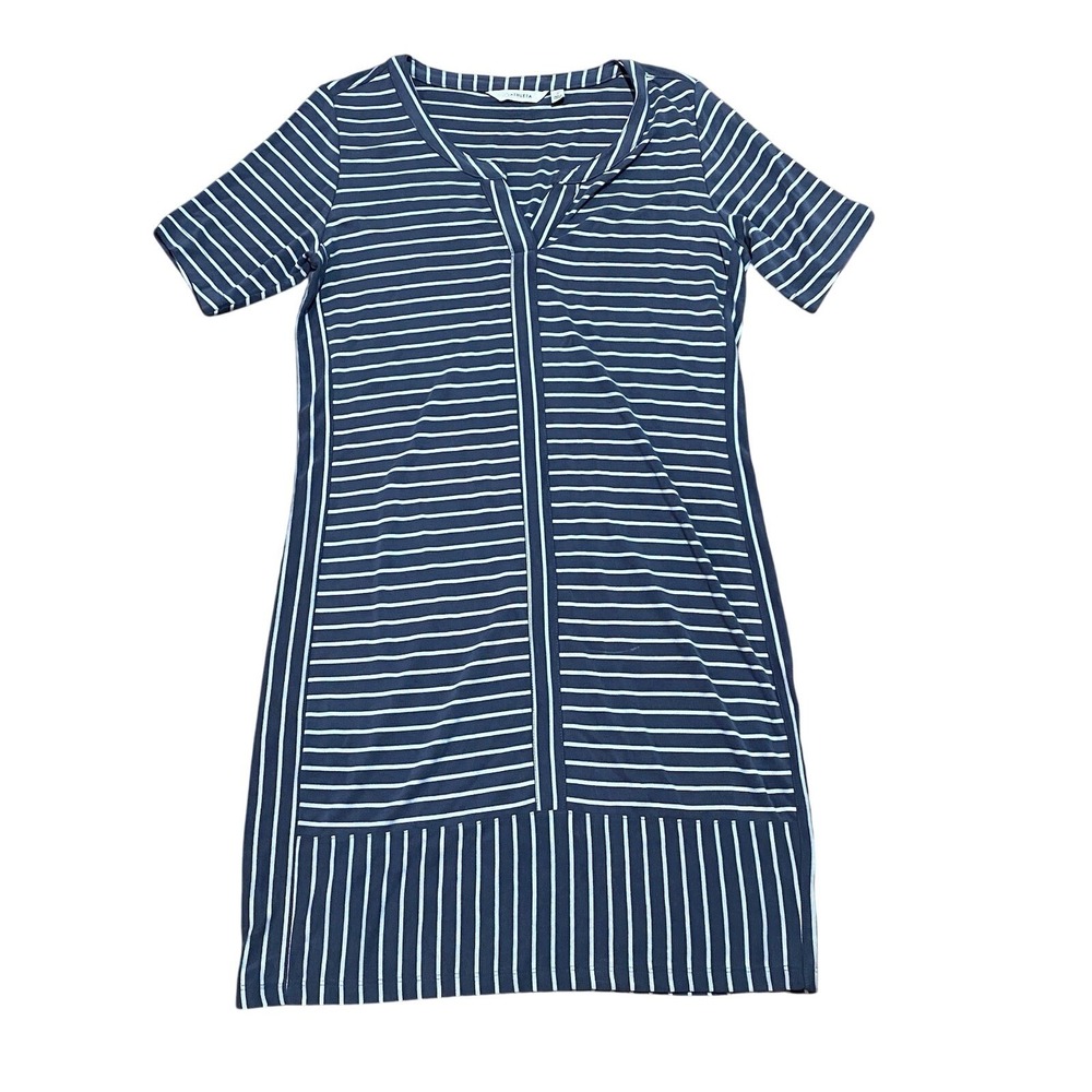 Athleta Women's Striped Dress Short Sleeve Active Size Small Navy‎ Blue White